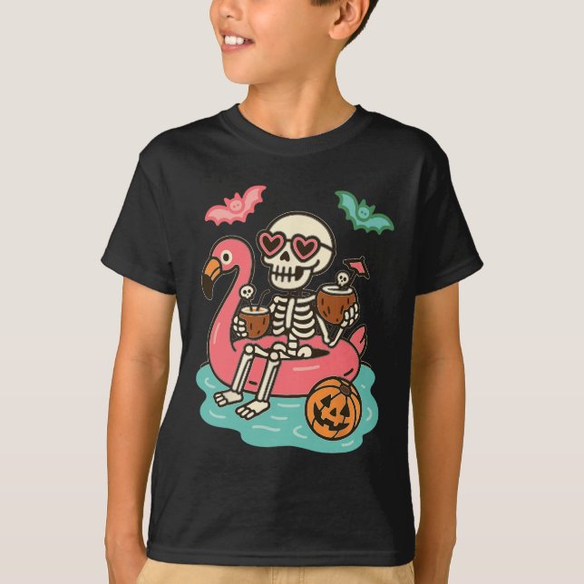 Funny Summerween Skeleton Flytande i Flamingo-klip T Shirt (Framsida)