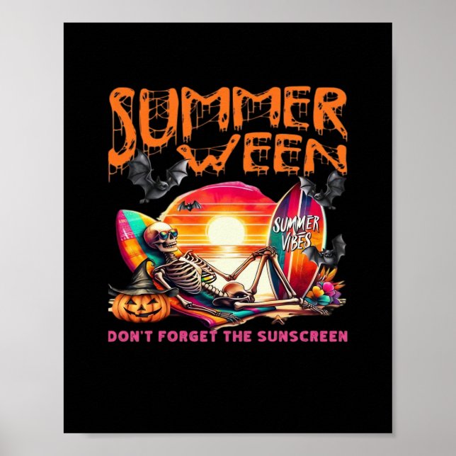 Funny Summerween Skeleton på båge vid solnedgångsk Poster (Framsidan)
