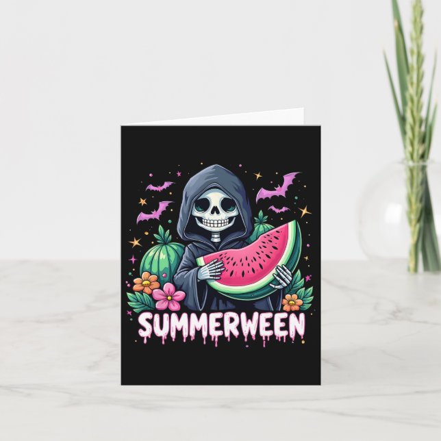 Funny Summerween Skeleton Watermelon Halloween Art Kort (Framsida)