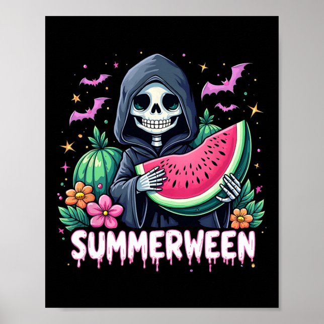 Funny Summerween Skeleton Watermelon Halloween Art Poster (Framsidan)