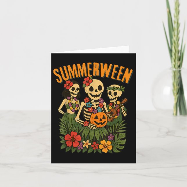 Funny Summerween Skeletons Luau Party Halloween Kort (Framsida)
