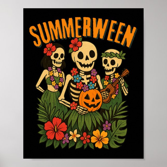Funny Summerween Skeletons Luau Party Halloween Poster (Framsidan)