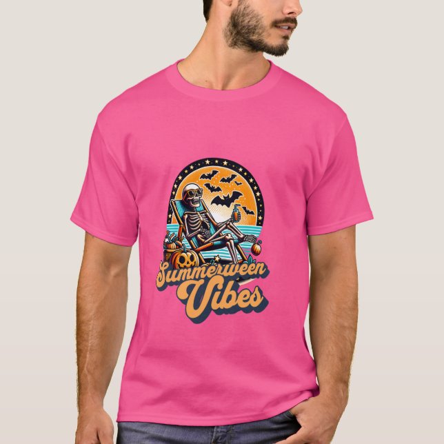 Funny Summerween Vibes Summer Skeleton Beach Chill T Shirt (Framsida)