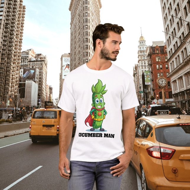 Funny Superhjälte Cucumber Pickle Man T Shirt (Funny cucumber man/boy superhero character t-shirt design front view.)
