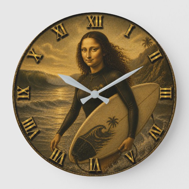 Funny Surfer Mona Lisa Tropical Ocean Decor Stor Klocka (Framsida)
