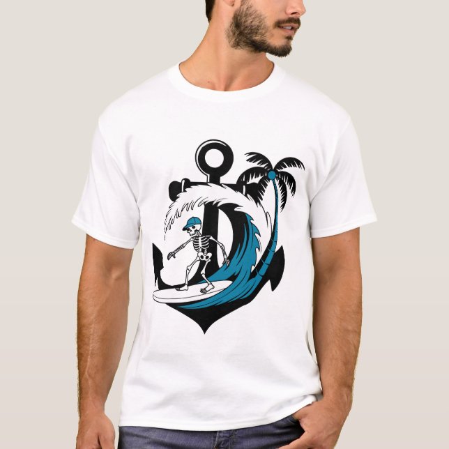 Funny Surfing Skeleton Beach Vibes Summer Surf Tee (Framsida)