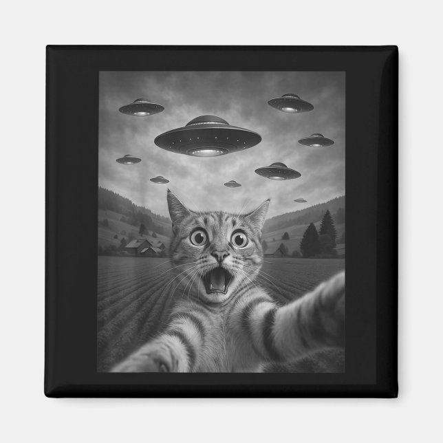 Funny Surprised Ed Cat Selfie With Alien Ufo Cat U Magnet (Framsidan)