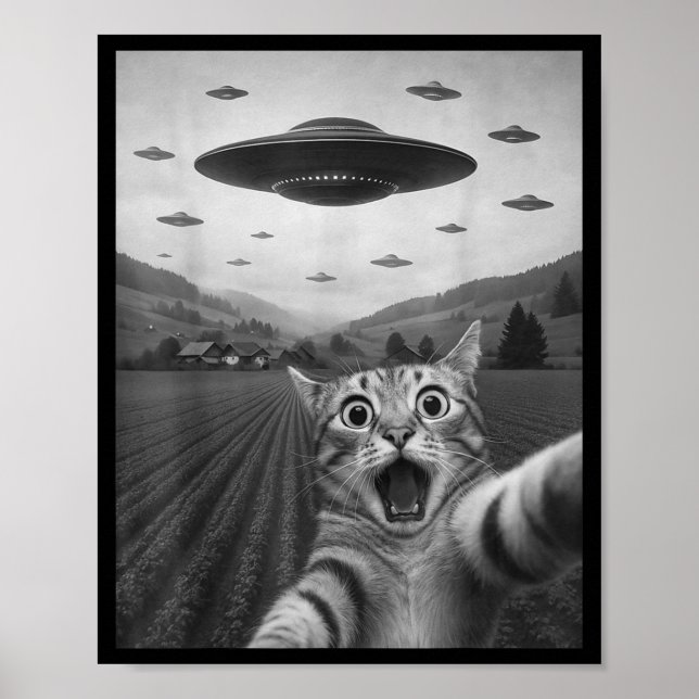 Funny Surprised Ed Cat Selfie With Alien Ufo Cat U Poster (Framsidan)