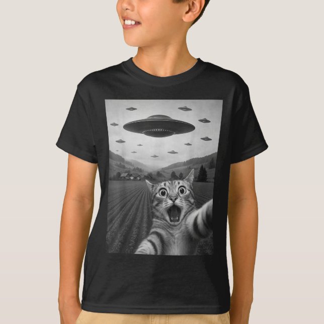Funny Surprised Ed Cat Selfie With Alien Ufo Cat U T Shirt (Framsida)