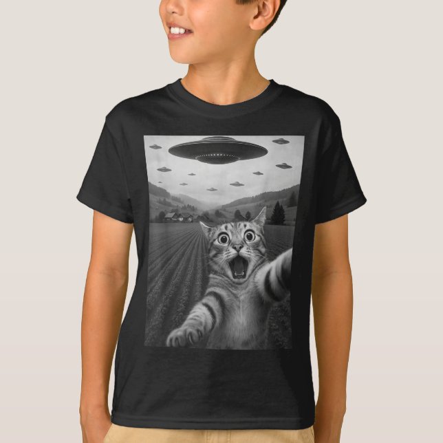 Funny Surprised Ed Cat Selfie With Alien Ufo Cat U T Shirt (Framsida)