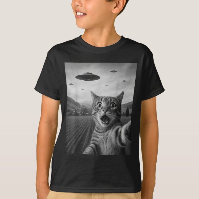 Funny Surprised Ed Cat Selfie With Alien Ufo Cat U T Shirt (Framsida)