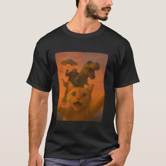 Funny Surprised Scared Cat Selfie T Rex Dinosaur B Shirt (Framsida)