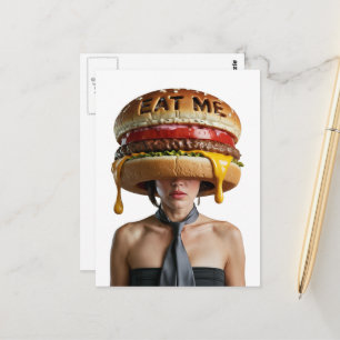 Funny Surreal Cheesburger Woman Vykort