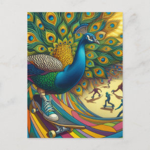 Funny Surreal Peacock Wears Tennis Shoe Skateboard Vykort