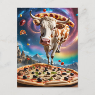 Funny Surreal Pizza Cow Colorful Collage Vykort