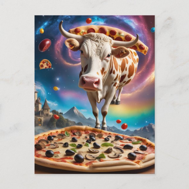 Funny Surreal Pizza Cow Colorful Collage Vykort (Framsida)
