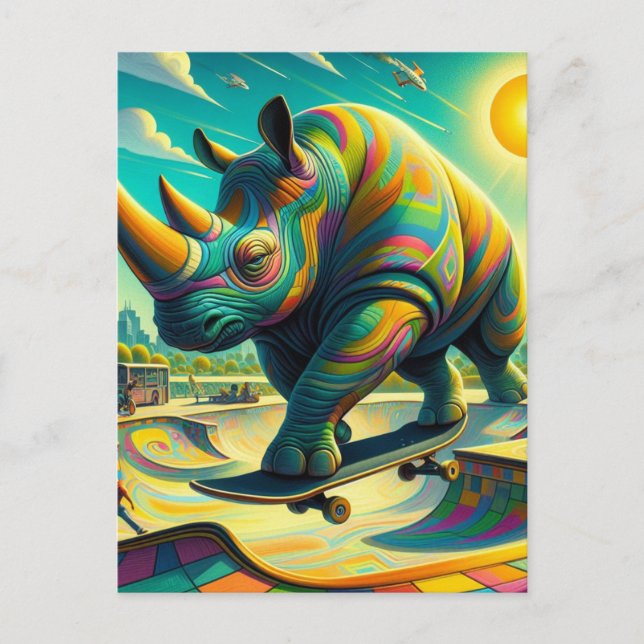 Funny Surreal Rhino Skateboarding Vykort (Framsida)