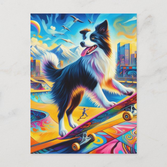 Funny Surreal Skateboarding Gräns Collie Vykort (Framsida)