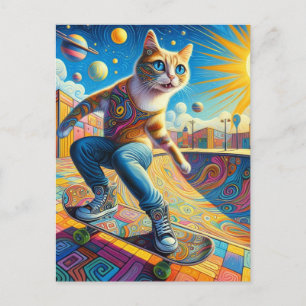 Funny Surreal Skateboarding Kattunge Vykort