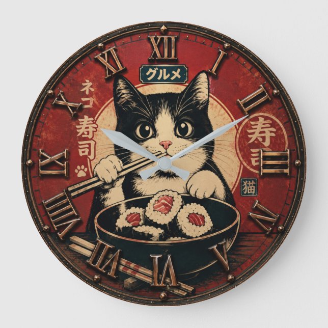 Funny Sushi Cat Japanese Ramen Kitchen Stor Klocka (Framsida)