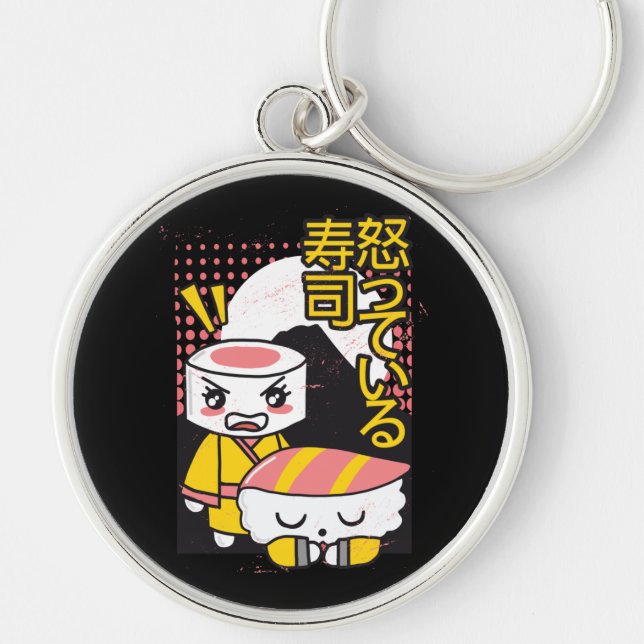 Funny Sushi Karate Fighters Tecknad Design Rund Silverfärgad Nyckelring (Framsidan)