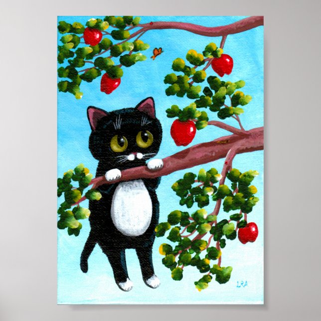 Funny svart katt Apple Träd Creationarts Poster (Framsidan)
