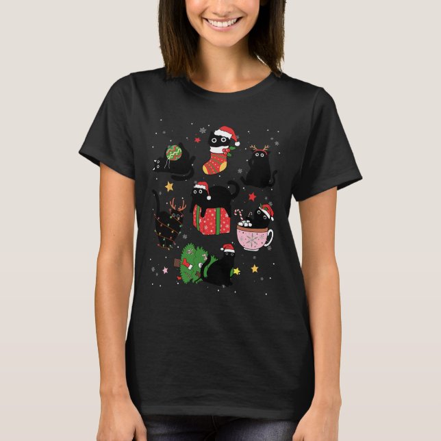 Funny Svarta katter Santa Hat Julgran Merry Ch T Shirt (Framsida)