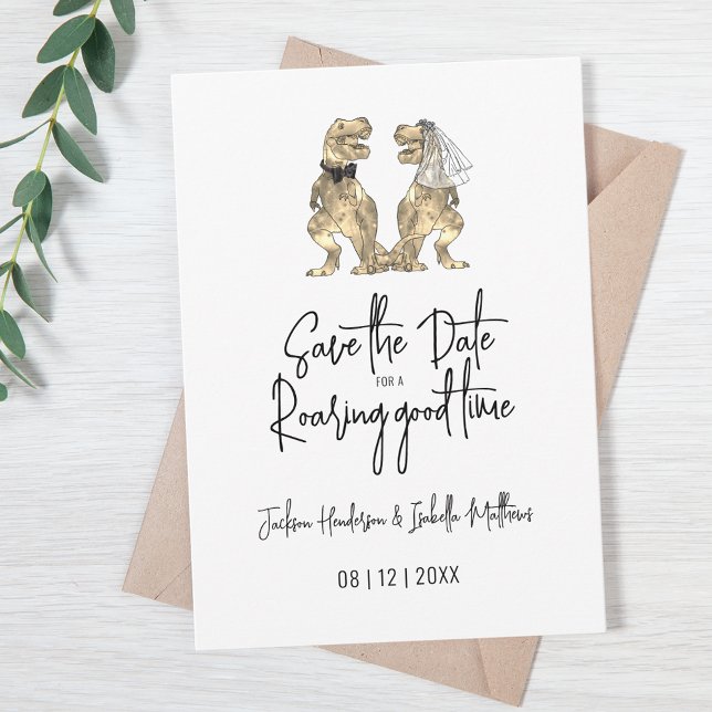 Funny T-Rex Bride och Groom Dinosaur Bröllop Spara Datumet (Funny T-Rex bride and groom dinosaur wedding save the date invitation with modern script)