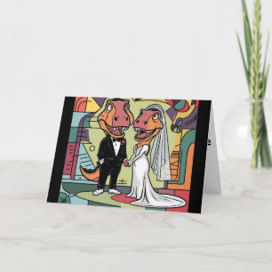 Funny T-rex Dinosaur Bride and Groom Bröllop Art Kort