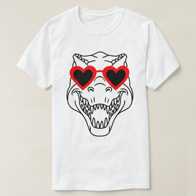 Funny T Rex Dinosaur Heart Sunglasses Lycklig Vale Shirt (Design framsida)