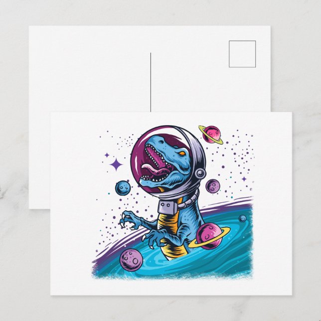 Funny T-Rex Dinosaur i rymden Vykort (Fram/baksida)