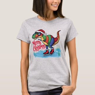 Funny T-rex Dinosaur Ice Skating God jul T Shirt
