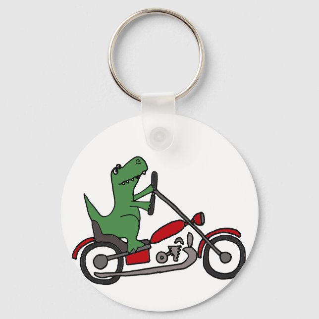 Funny T-rex Dinosaur på Röd motorcykel Nyckelring (Framsida)