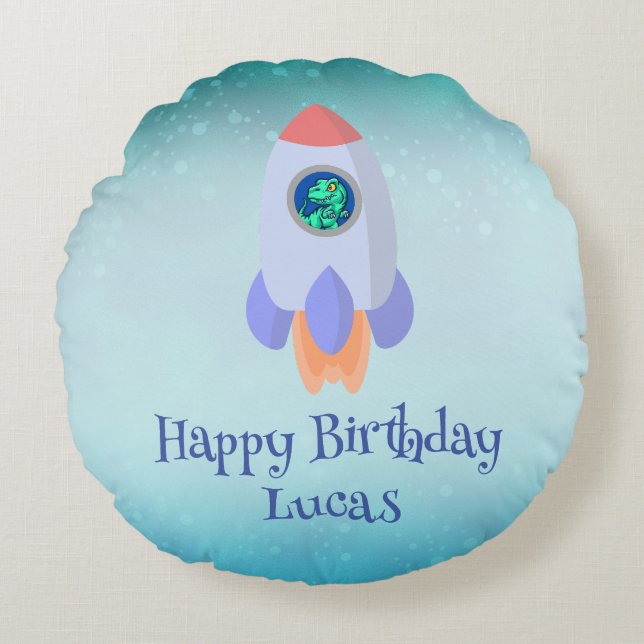 Funny T-rex dinosaur-raketskolan Birthday Rund Kudde (Framsidan)