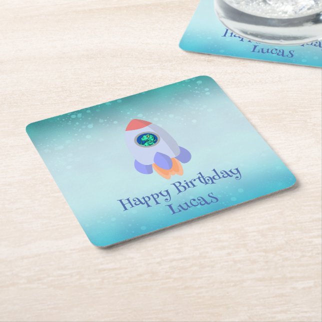 Funny T-rex dinosaur-raketskolan Birthday Underlägg Papper Kvadrat (Vinklad)