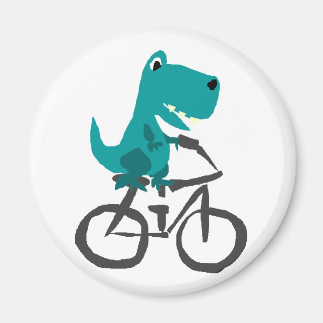 Funny T-rex Dinosaur Riding Bicycle Tecknad Magnet (Framsidan)