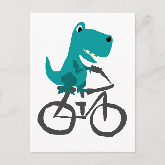 Funny T-rex Dinosaur Riding Bicycle Tecknad Vykort (Framsida)