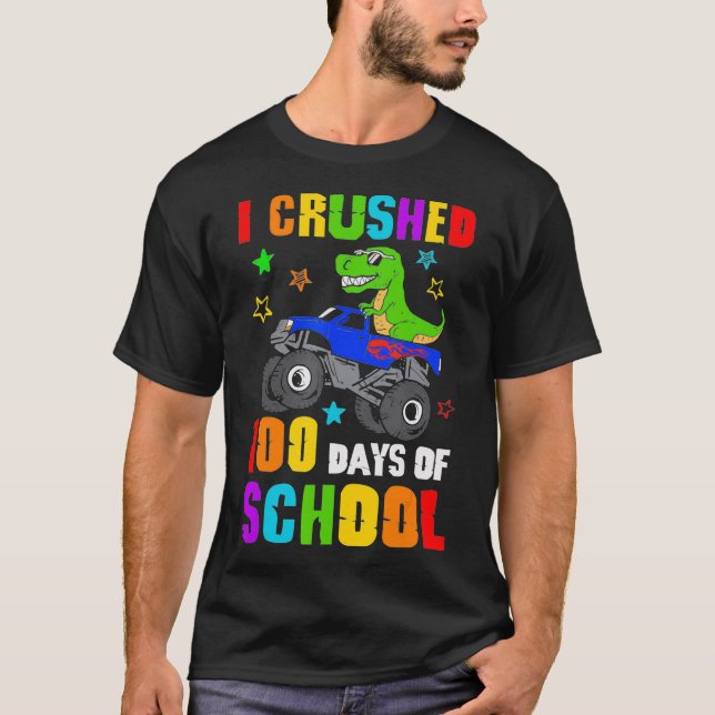 Funny T rex Dinosaur Riding Monster Lastbil Kids T Shirt (Framsida)