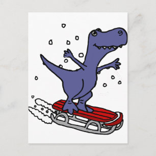 Funny T-rex Dinosaur Sledding Tecknad Vykort