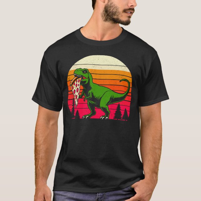 Funny T Rex Pizza Retro Sunset Dinosaur Shirt (Framsida)