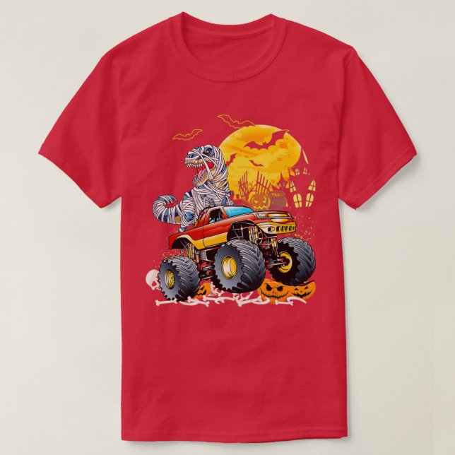 Funny T Rex Saurus Riding Monster Lastbil Lycklig  Shirt (Design framsida)