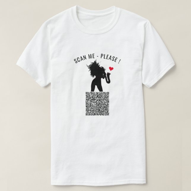 Funny T-Shirt med QR Code Scan Info och Saxo Girl (Design framsida)