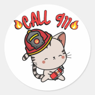 Funny tabby katt är en brandman runt klistermärke