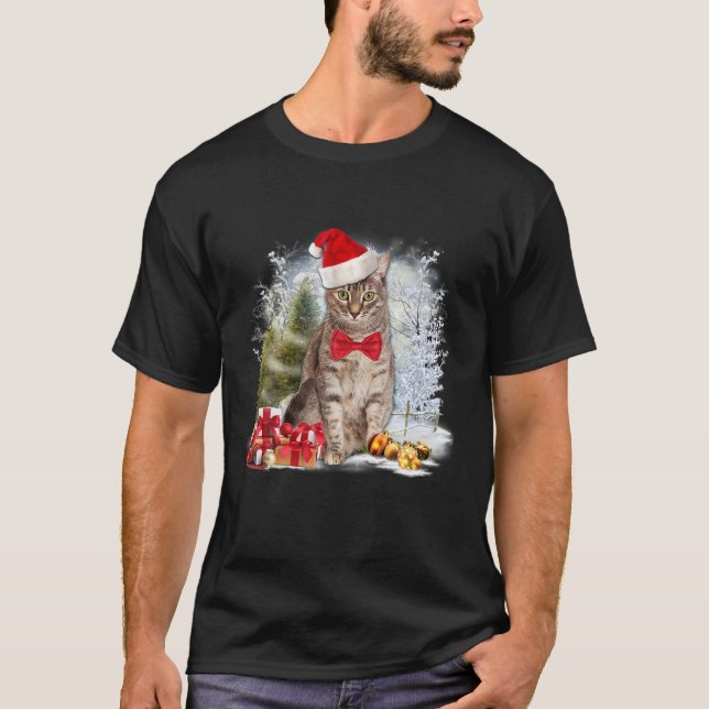 Funny Tabby katt Bära Santa Hat Graphic Julafton T Shirt (Framsida)