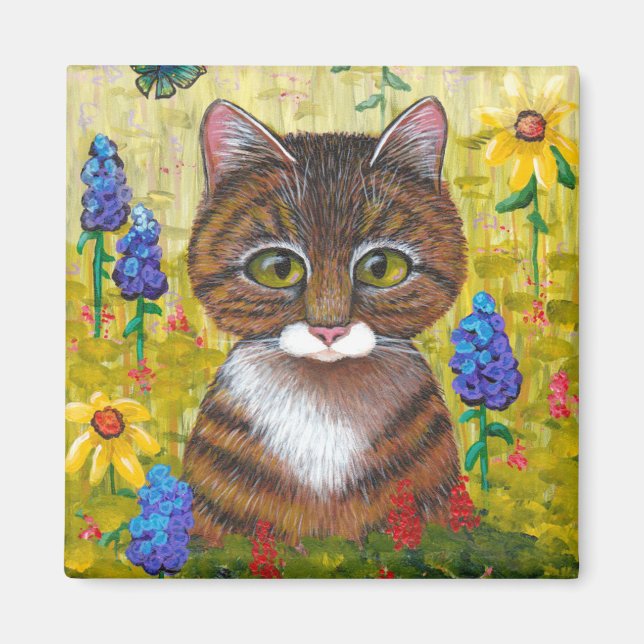 Funny Tabby katt Flowers Creationarts Magnet (Framsidan)