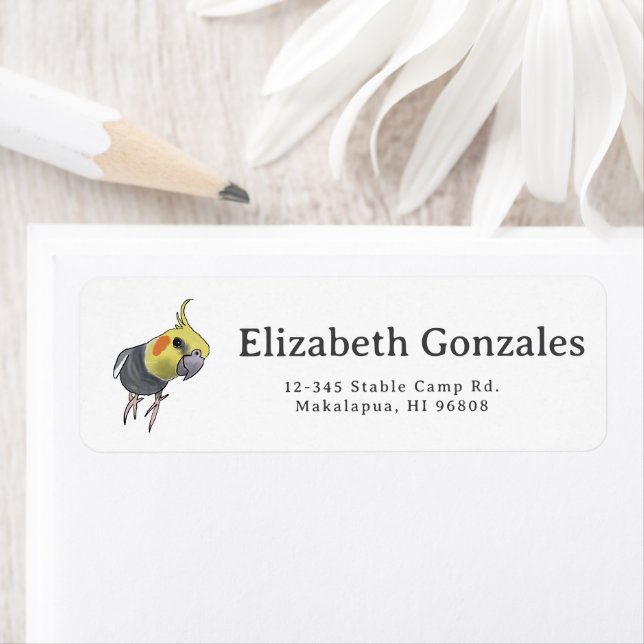 Funny Talking Grey Cockatiel Hello Pretty Bird Returadress Etikett (Insitu)