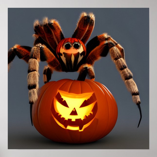 Funny Tarantula med Jack O'Lantern Halloween Poster (Framsidan)
