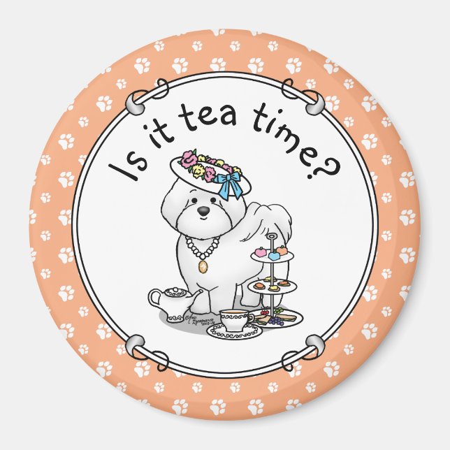 Funny Tea Party Bichon Frise Hund Puppy Cute Magnet (Framsidan)