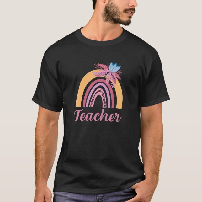 Funny Teacher Blommigt Boho Rainbow Back to school T Shirt (Framsida)