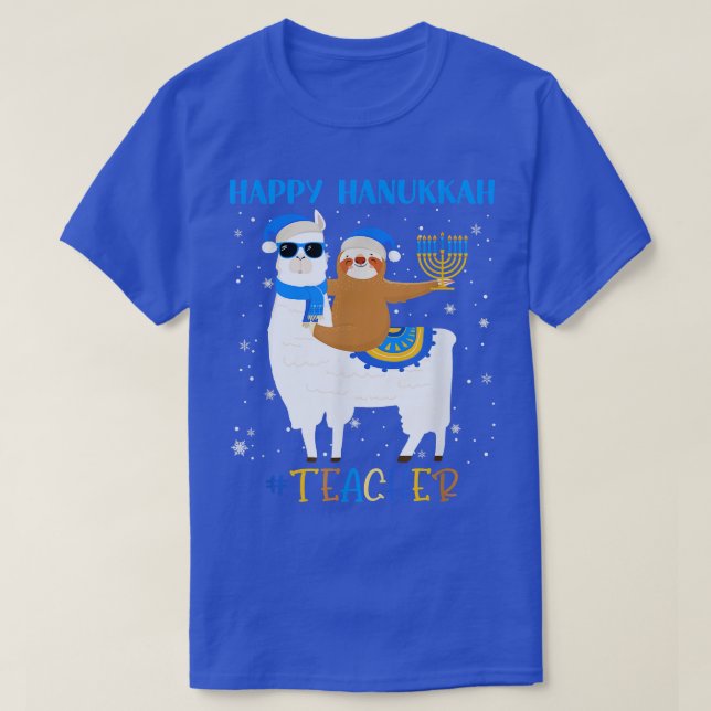 Funny Teacher Llama Sloth Menorah Hanukah Chanuka T Shirt (Design framsida)